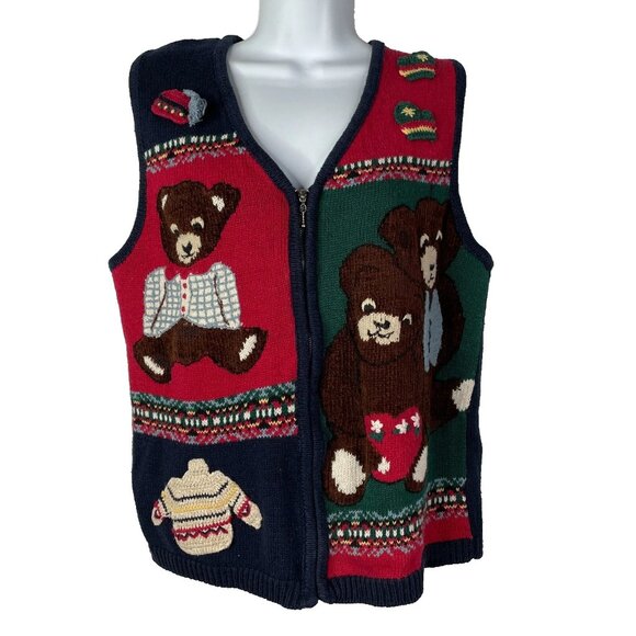 Vintage 90s Capacity Teddy Bear Sweater Vest Size M Red Blue Patchwork Zip Up - Picture 1 of 8